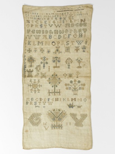 Merkletterlap met alfabet, levensbomen, paard en wagen, jaartal 1688 en initialen GV